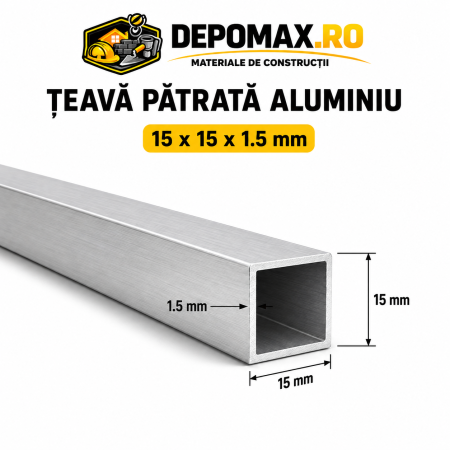 Teava patrata aluminiu 15 x 15 x 1.5 mm, 6 metri (EN AW-6060)